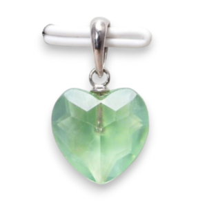 Two Prehnite heart pendants - pale green stone cut into a faceted shape on a silver chain - on a white background.