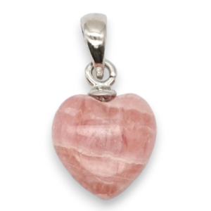 Two Rhodochrosite A+ heart pendants - banded pink and white stone cut into a heart shape on a silver chain - on a white background.