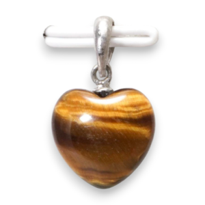 Two Tiger Eye A+ heart pendants - banded brown, black and gold stone cut into a heart shape on a silver chain - on a white background.