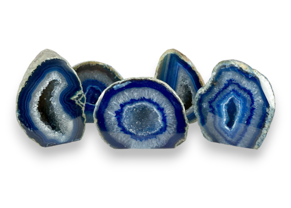 Group of Agate Geodes (Blue) - Blue and grey, with banding and patches of sparkling druze - on a white background