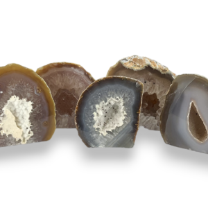 Group of Agate Geodes (Natural) - Black, brown and grey, with banding and patches of sparkling druze - on a white background
