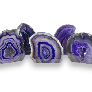 Group of Agate Geodes (Purple) - Purple and grey, with banding and patches of sparkling druze - on a white background