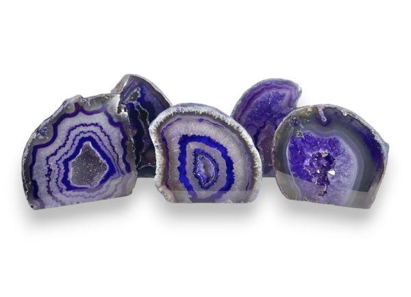 Group of Agate Geodes (Purple) - Purple and grey, with banding and patches of sparkling druze - on a white background