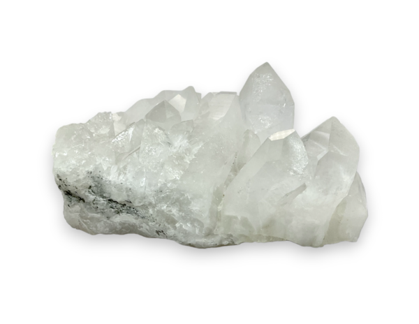 One Quartz Cluster XL (A) from behind - a group of large, white, translucent points on a piece of grey matrix - on a white background