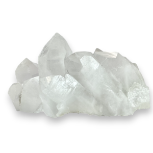 One Quartz Cluster XL (A) from the front - a group of large, white, translucent points on a piece of grey matrix - on a white background