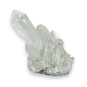 One Quartz Cluster XL (B) from the front - a group of large, white, translucent points on a piece of grey matrix - on a white background