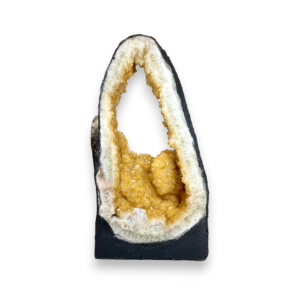 One slab of Citrine Portal (2) - circle of quartz and orange points in a grey surround - on a white background