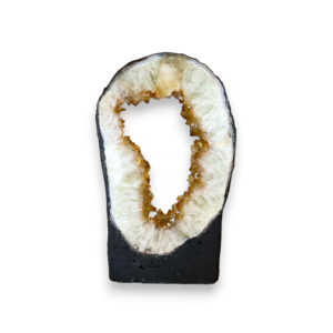 One slab of Citrine Portal (5) - circle of quartz and orange points in a grey surround - on a white background