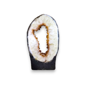 One slab of Citrine Portal (8) - circle of quartz and orange points in a grey surround - on a white background
