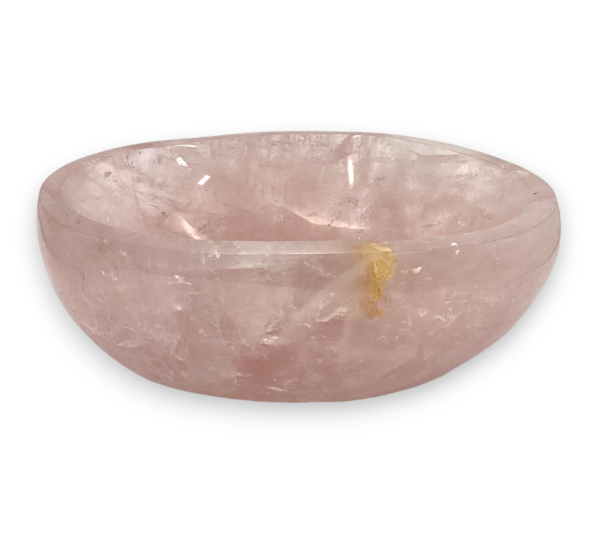 One Rose Quartz Bowl (A) from the side - pale pink extra large bowl with some translucent and orange areas - on a white background