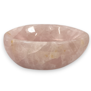 One Rose Quartz Bowl (B) from the side - pale pink extra large bowl with some translucent and orange areas - on a white background