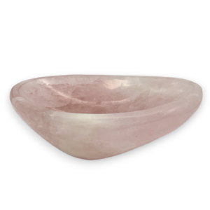 One Rose Quartz Bowl (C) from the side - pale pink extra large bowl with some translucent and orange areas - on a white background