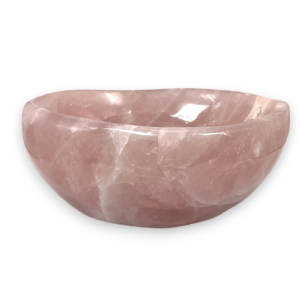 One Rose Quartz Bowl (E) from the side - pale pink extra large bowl with some translucent and orange areas - on a white background