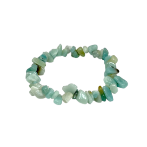 Side view of Amazonite Chip Bracelet - blue/green chips - on a white background
