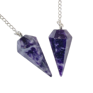 Example of two Lepidolite Pendulums - dark purple with silver flecks - on a silver chain, on a white background