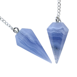 Example of two Blue Lace Agate Pendulums - pale blue banding - on a silver chain, on a white background