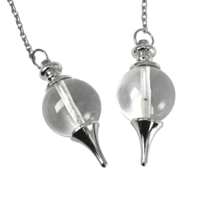 Example of two Crystal Ball Pendulums - 20mm transparent sphere in a silver holder - on a silver chain, on a white background