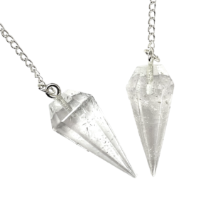 Example of two Crystal A Grade Pendulums - transparent stone - on a silver chain, on a white background
