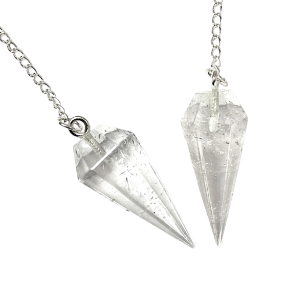 Example of two Crystal A Grade Pendulums - transparent stone - on a silver chain, on a white background