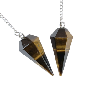 Example of two Tiger Eye A Grade Pendulums - bands of gold, black and brown - on a silver chain, on a white background