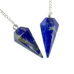 Example of two Lapis A Grade Pendulums - blue with gold and grey streaks - on a silver chain, on a white background