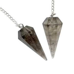 Example of two Smoky Quartz Pendulums - transparent stone with a black smoky consistency - on a silver chain, on a white background