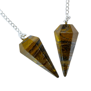 Example of two Tiger Iron A Grade Pendulums - bands of gold, black and brown - on a silver chain, on a white background