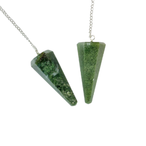 Example of two Green Moss Pendulums - mossy green with white - on a silver chain, on a white background
