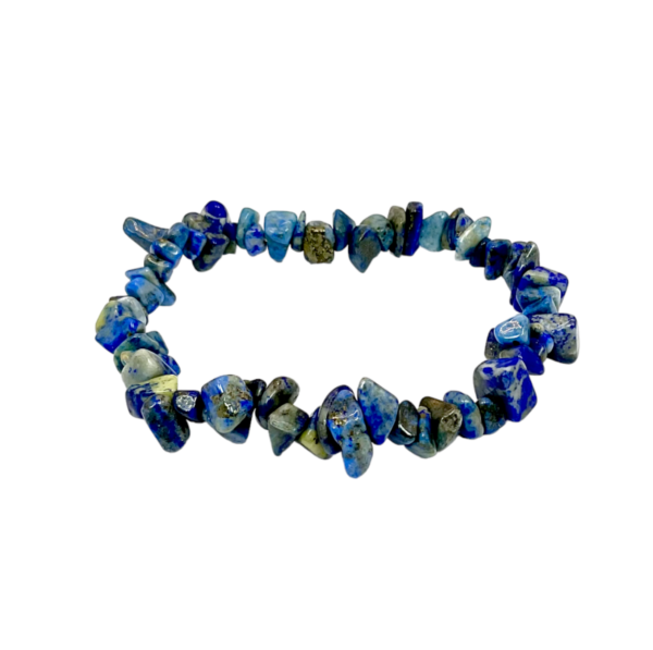 Side view of Lapis B Chip Bracelet - dark blue with grey and gold banding - on a white background