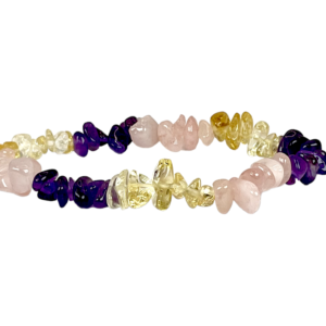 One Rose Quartz/Amethyst/Citrine Chip Bracelet - red and pink chips - on a white background
