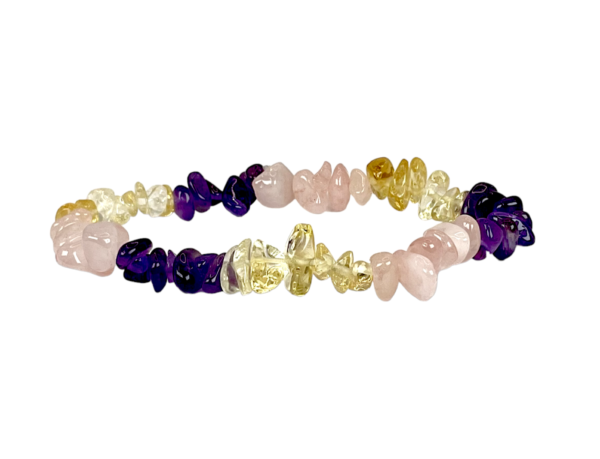 One Rose Quartz/Amethyst/Citrine Chip Bracelet - red and pink chips - on a white background