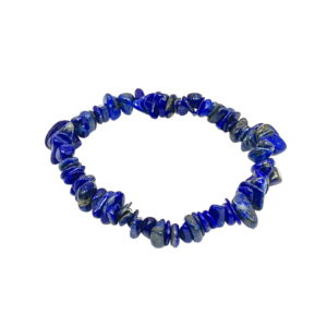 Side view of Lapis AB Chip Bracelet - dark blue with grey and gold banding - on a white background