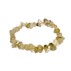 Side view of Rutilated Quartz Chip Bracelet -translucent with golden strings chips - on a white background