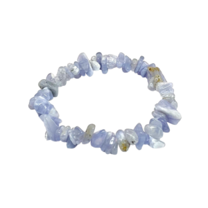 Side view of Blue Lace Agate AB Chip Bracelet - blue and white chips - on a white background