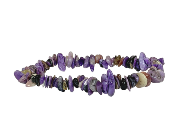 Side view of Charoite AB Chip Bracelet - light and dark purple chips - on a white background