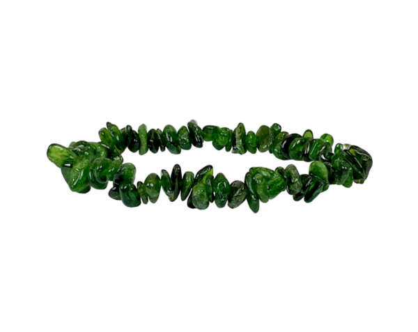 Side view of Diopside Chip Bracelet - dark green chips - on a white background