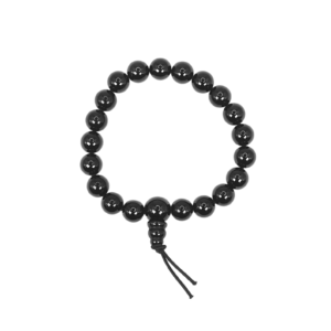 One Black Tourmaline power bracelet viewed from the top - black round beads with one larger bead - on a white background
