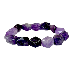 One Amethyst Jumbo Faceted Bead Bracelet from the top - large angular green beads - on a white background