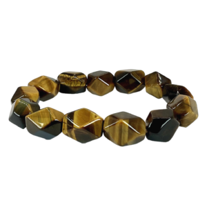 One Tiger Eye Jumbo Faceted Bead Bracelet from the top - large angular gold, brown and black beads - on a white background