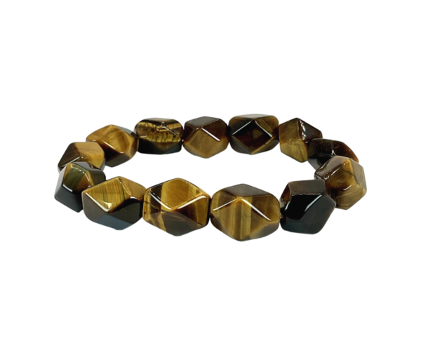 One Tiger Eye Jumbo Faceted Bead Bracelet from the top - large angular gold, brown and black beads - on a white background
