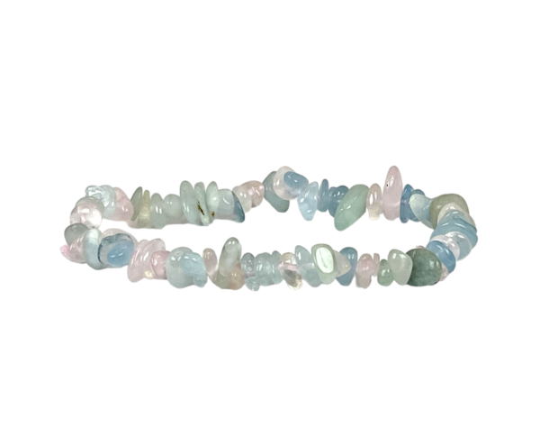 One Morganite Chip Bracelet - white, baby blue, pearlescent pink - on a white background
