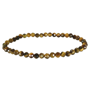 One 4mm faceted bead Tiger Eye bracelet from the side - small black, brown and gold beads - on a white background