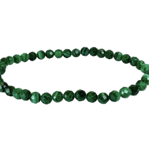 One 4mm faceted bead Malachite bracelet from the side - small light and dark green beads - on a white background