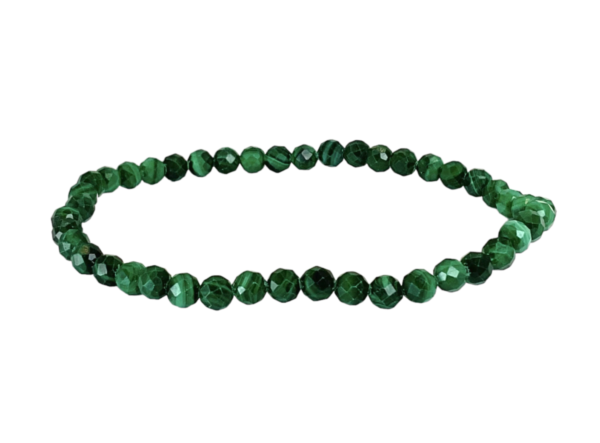 One 4mm faceted bead Malachite bracelet from the side - small light and dark green beads - on a white background
