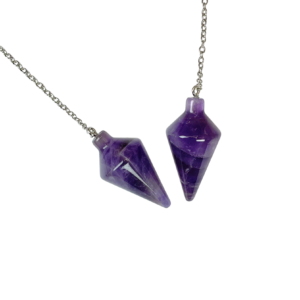 Example of two Amethyst Spindle Pendulums - purple stone - on a silver chain, on a white background