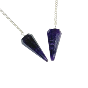 Example of two Amethyst (Dark) Pendulums - dark purple stone - on a silver chain, on a white background