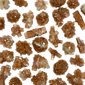 Large selection of Rough Aragonite (Brown) - red/brown star clusters of hexagonal tubes - on a white background.
