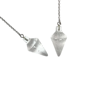 Example of two Quartz Spindle Pendulums - transparent stone - on a silver chain, on a white background