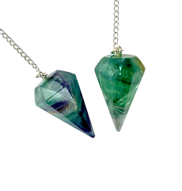 Example of two Fluorite (Rainbow) A Grade Pendulums - purple and green stone - on a silver chain, on a white background