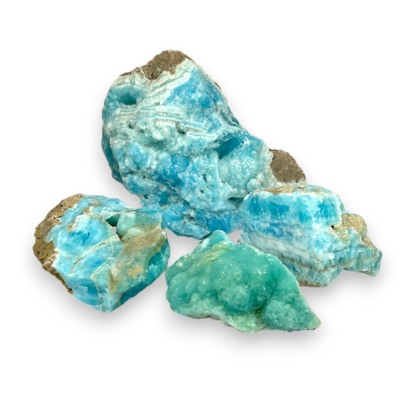 Group of Rough Aragonite (Blue) - teal, seafoam green, blue chunks of bright rock - on a white background.